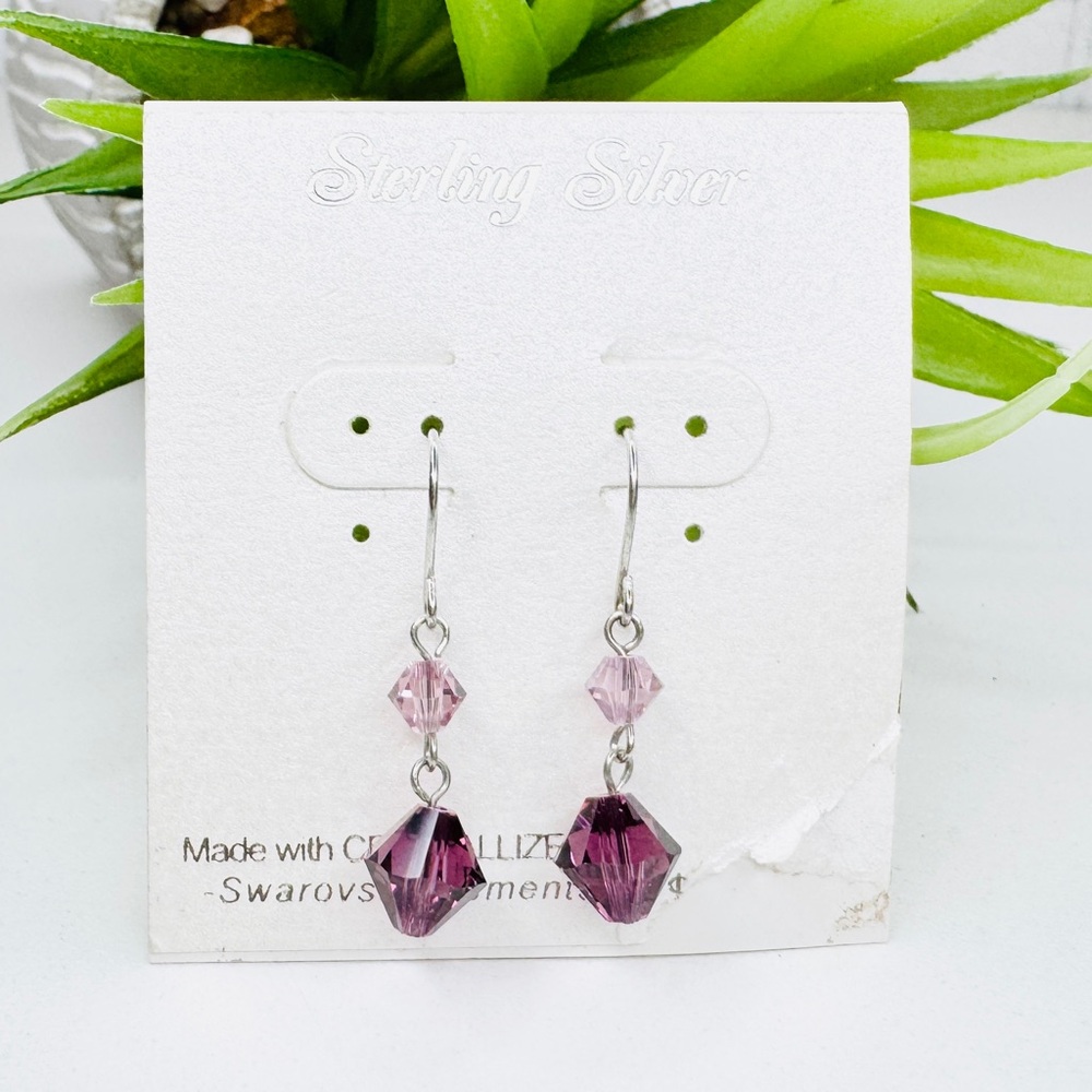 NWT Made with Swarovski Elements Purple Amethyst Crystal Sterling Silver Earring